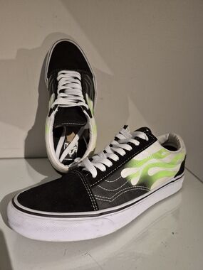 Vans Black Low-Top Sneakers with Neon Green Flame Design